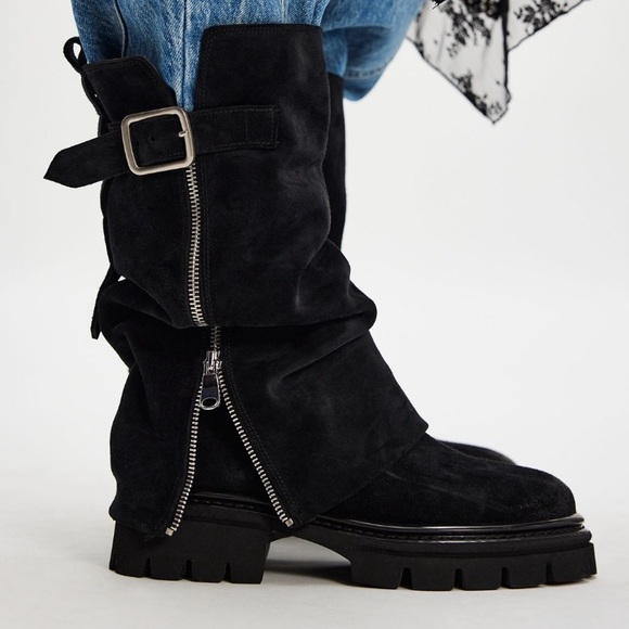 Free People Shoes - MONARCH MOTO BOOTS IN BLACK OILED SUEDE